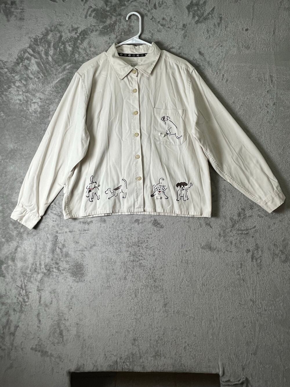 Vintage Y2K Whimsical Embroidered Dog Button Front Chore Jacket Ivory XL Puppies